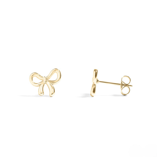 Gold bow stud earrings with hypoallergenic posts, waterproof and dainty for everyday wear – perfect gift for girls and women.