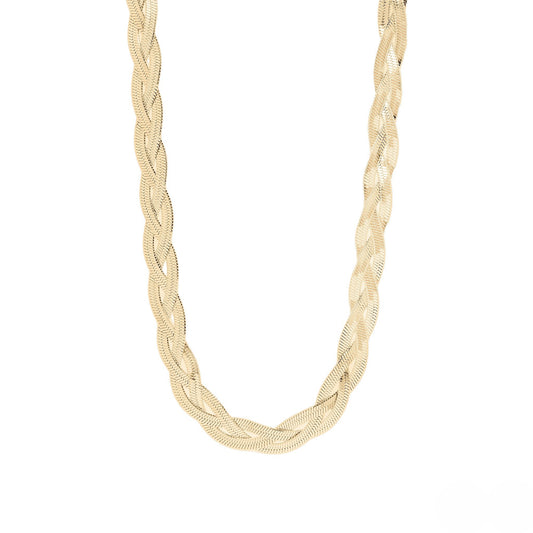 Gold braided herringbone necklace made from waterproof hypoallergenic stainless steel by Lauren Riley Jewelry