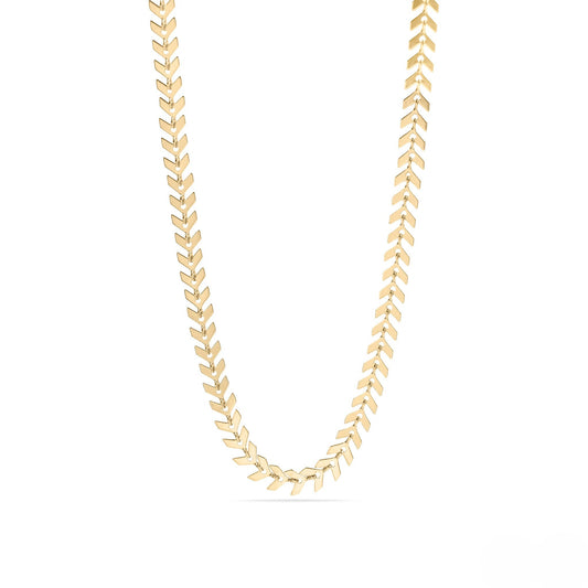 Elegant gold chevron herringbone chain necklace shown in a flat lay on a white background, showcasing its sleek, reflective design and luxurious shine—perfect for layering or wearing solo.