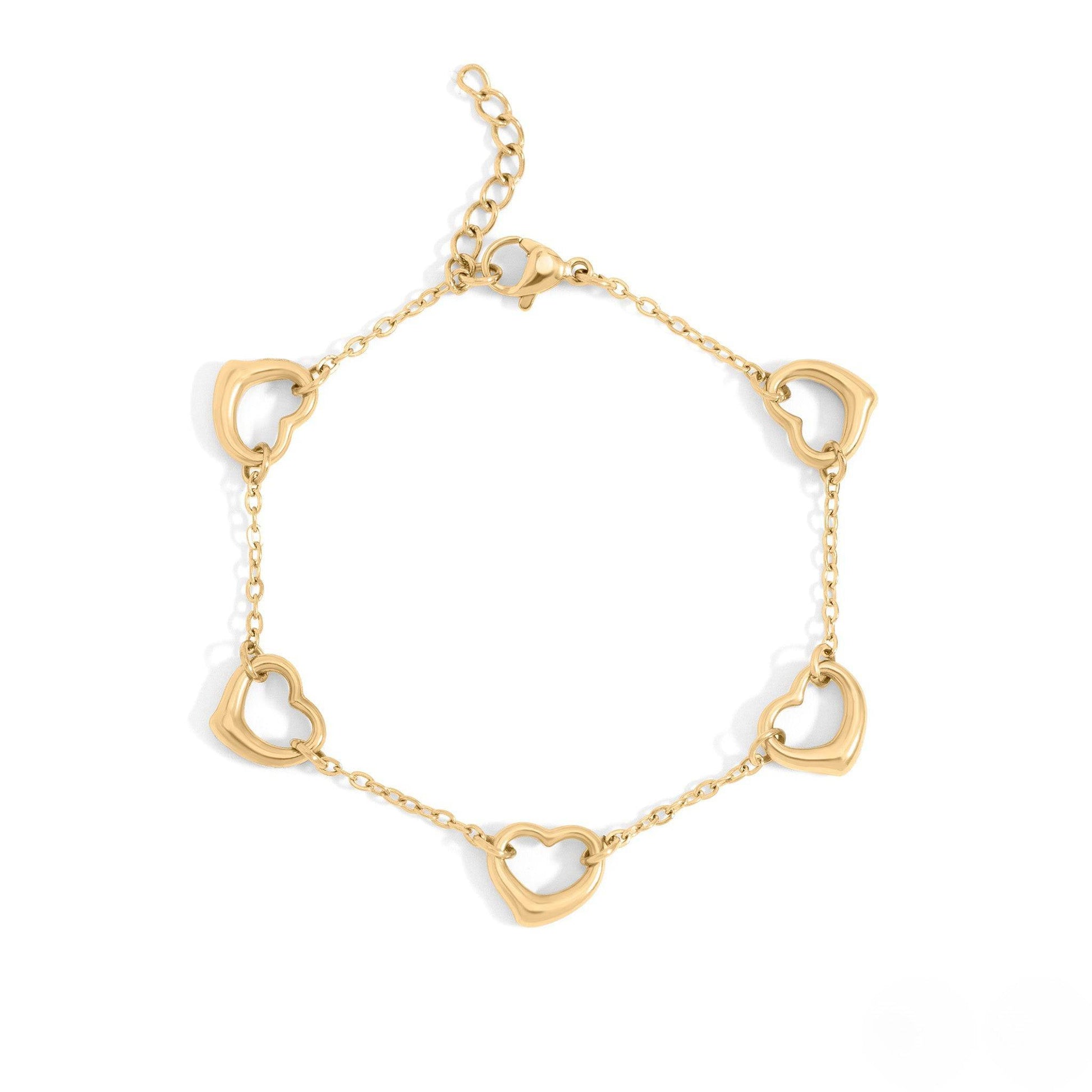 Gold heart charm bracelet featuring dainty open heart links, waterproof and hypoallergenic, perfect for layering or everyday wear.