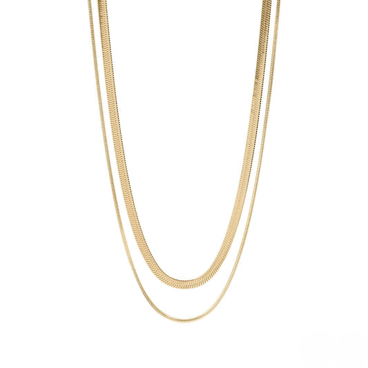 Gold layered herringbone necklace flatlay showcasing waterproof stainless steel chains in two lengths