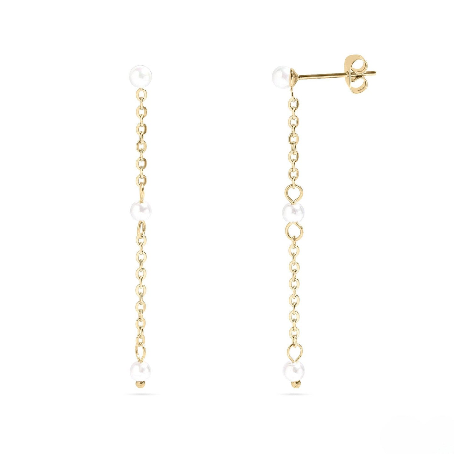 Elegant gold pearl drop earrings featuring a delicate chain design – lightweight, hypoallergenic, and perfect for weddings, formal events, or everyday chic style