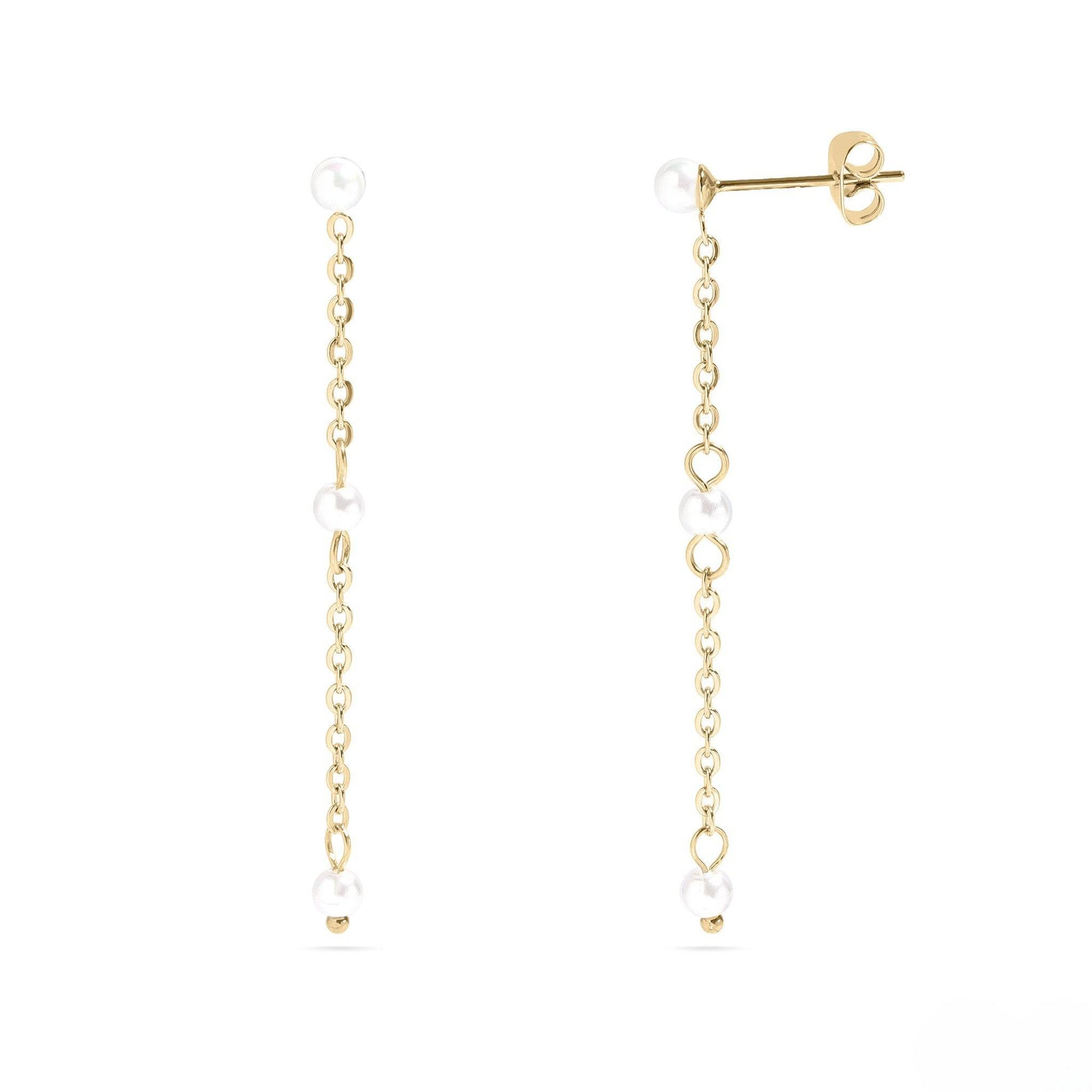 Elegant gold pearl drop earrings featuring a delicate chain design – lightweight, hypoallergenic, and perfect for weddings, formal events, or everyday chic style