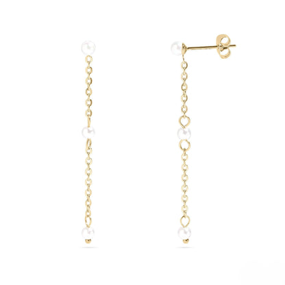 Elegant gold pearl drop earrings featuring a delicate chain design – lightweight, hypoallergenic, and perfect for weddings, formal events, or everyday chic style