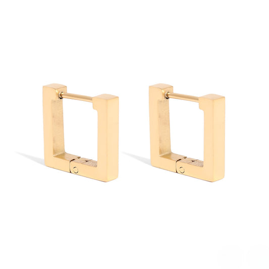 Pair of gold square hoop earrings — waterproof, hypoallergenic, and crafted for a modern minimalist look.
