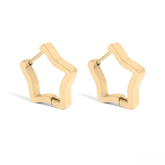 Gold star-shaped huggie hoop earrings made with durable 18k gold PVD coating; waterproof, tarnish-resistant, and hypoallergenic for everyday wear.