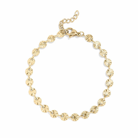Gold sunburst disc bracelet – waterproof, tarnish-free, and hypoallergenic bracelet with adjustable chain from Lauren Riley Jewelry
