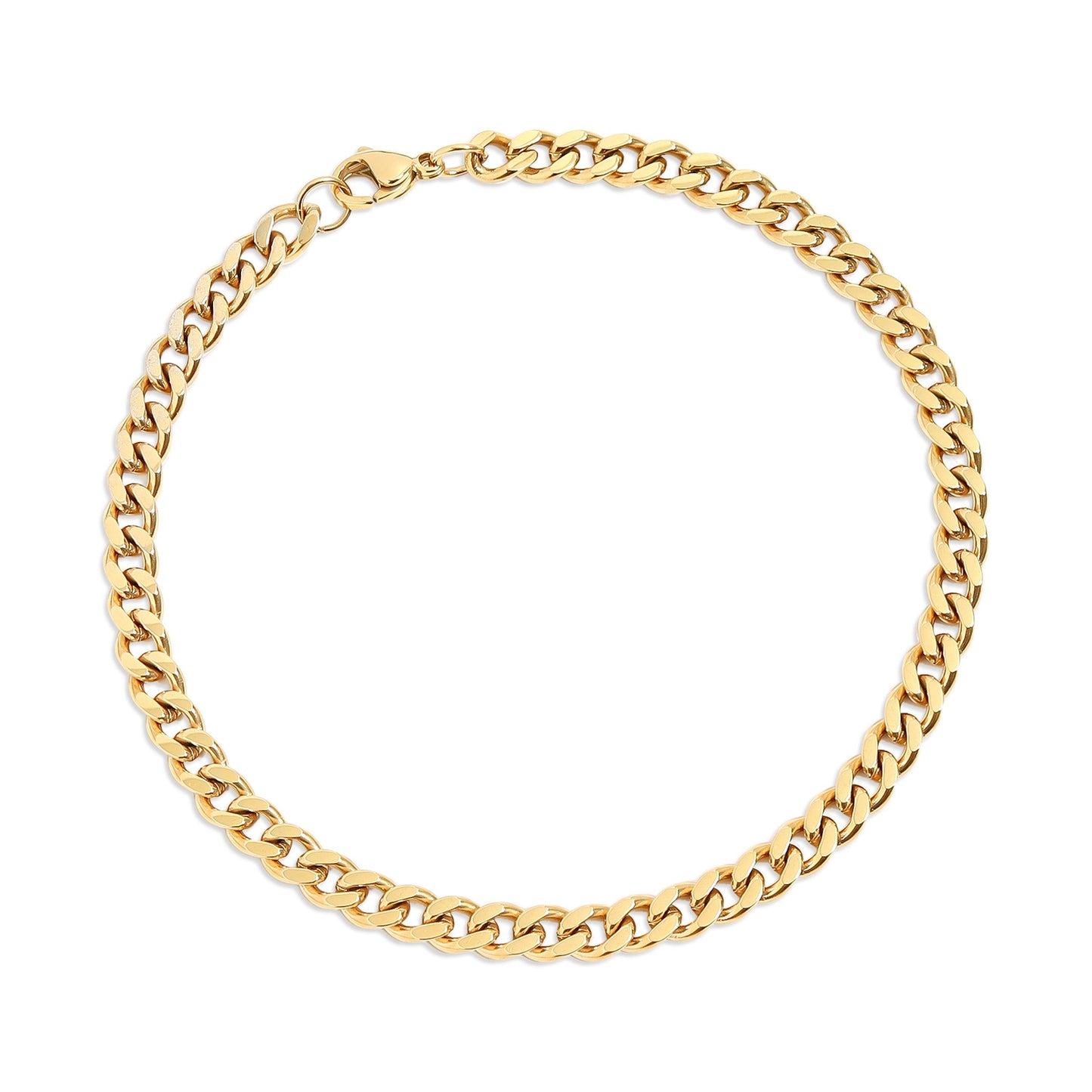 18k gold Cuban chain bracelet made with waterproof stainless steel — modern flat lay product photo for Lauren Riley Jewelry.