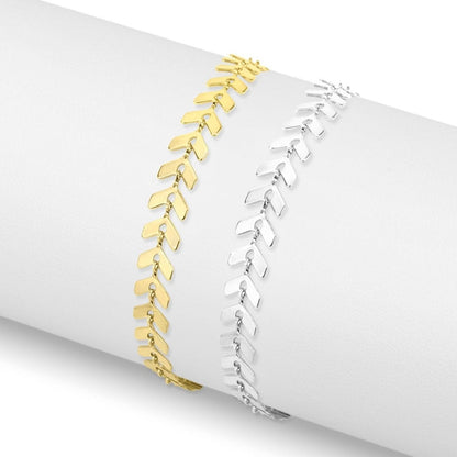 Gold and silver chevron herringbone chain bracelets displayed side-by-side on white background