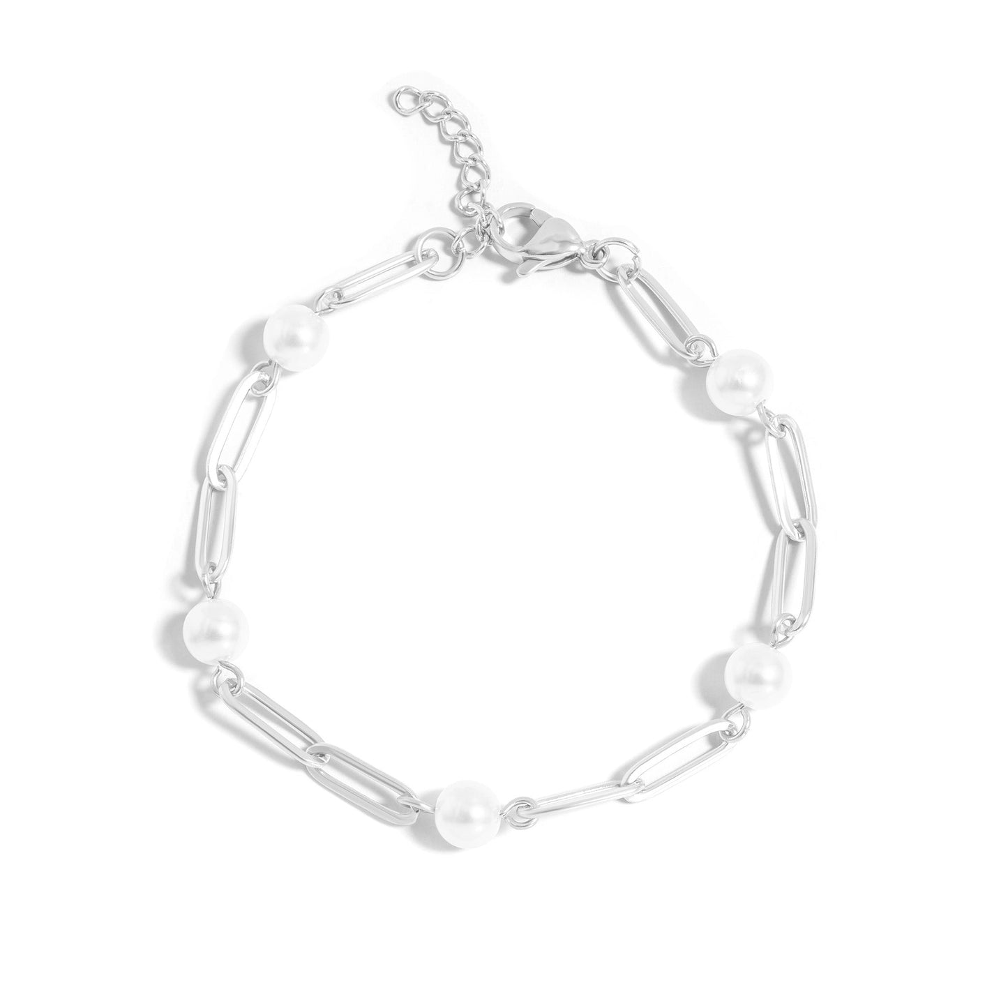 Stylish silver pearl paperclip bracelet – waterproof and hypoallergenic jewelry by Lauren Riley