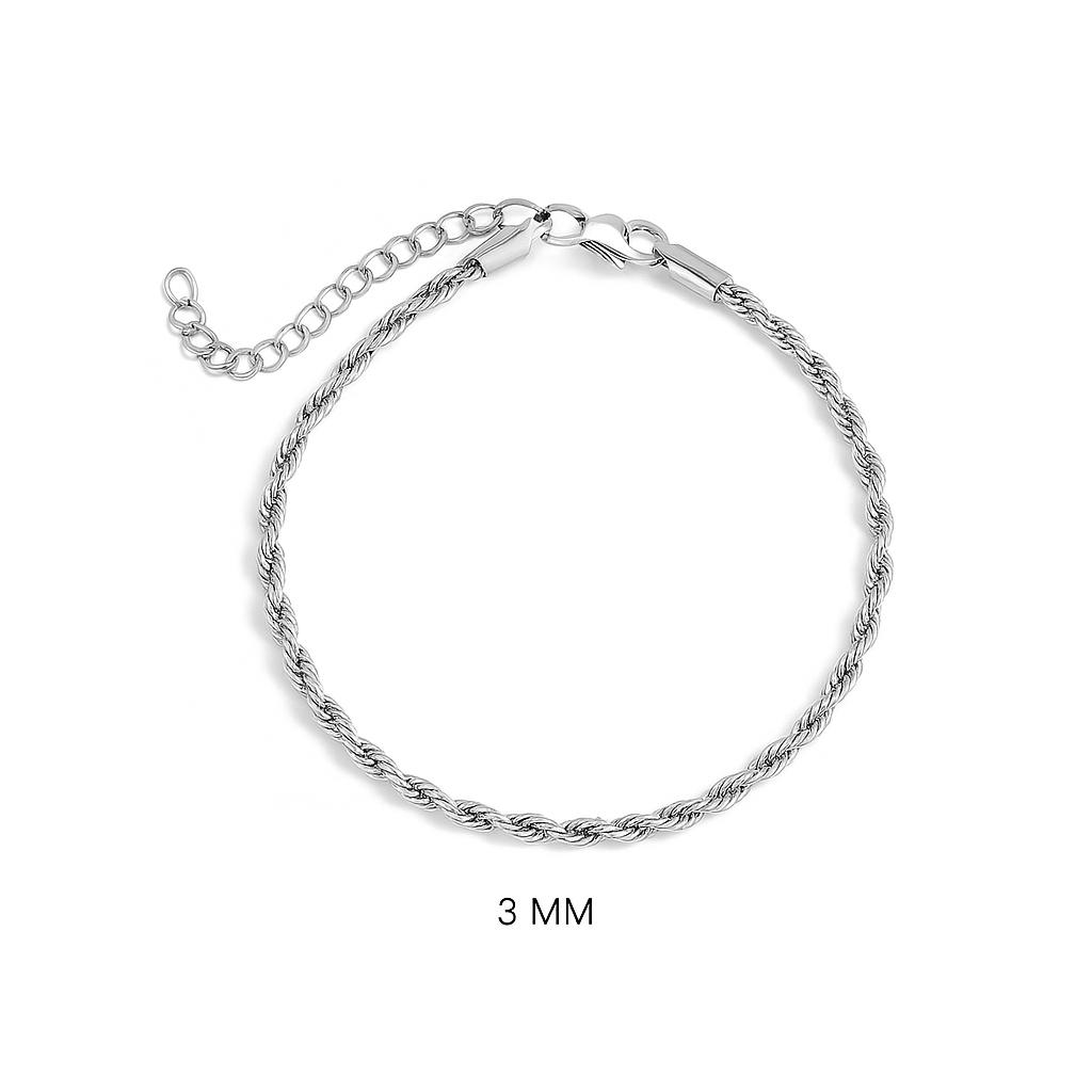 3mm silver rope chain bracelet made of stainless steel, shown flat on white background with extender chain and secure clasp