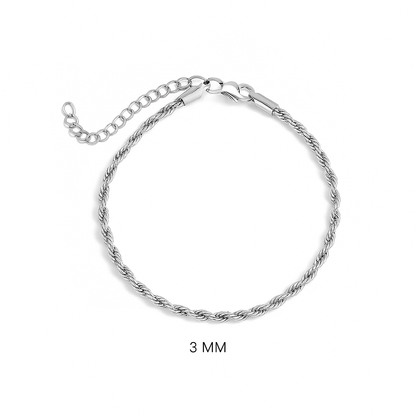 3mm silver rope chain bracelet made of stainless steel, shown flat on white background with extender chain and secure clasp