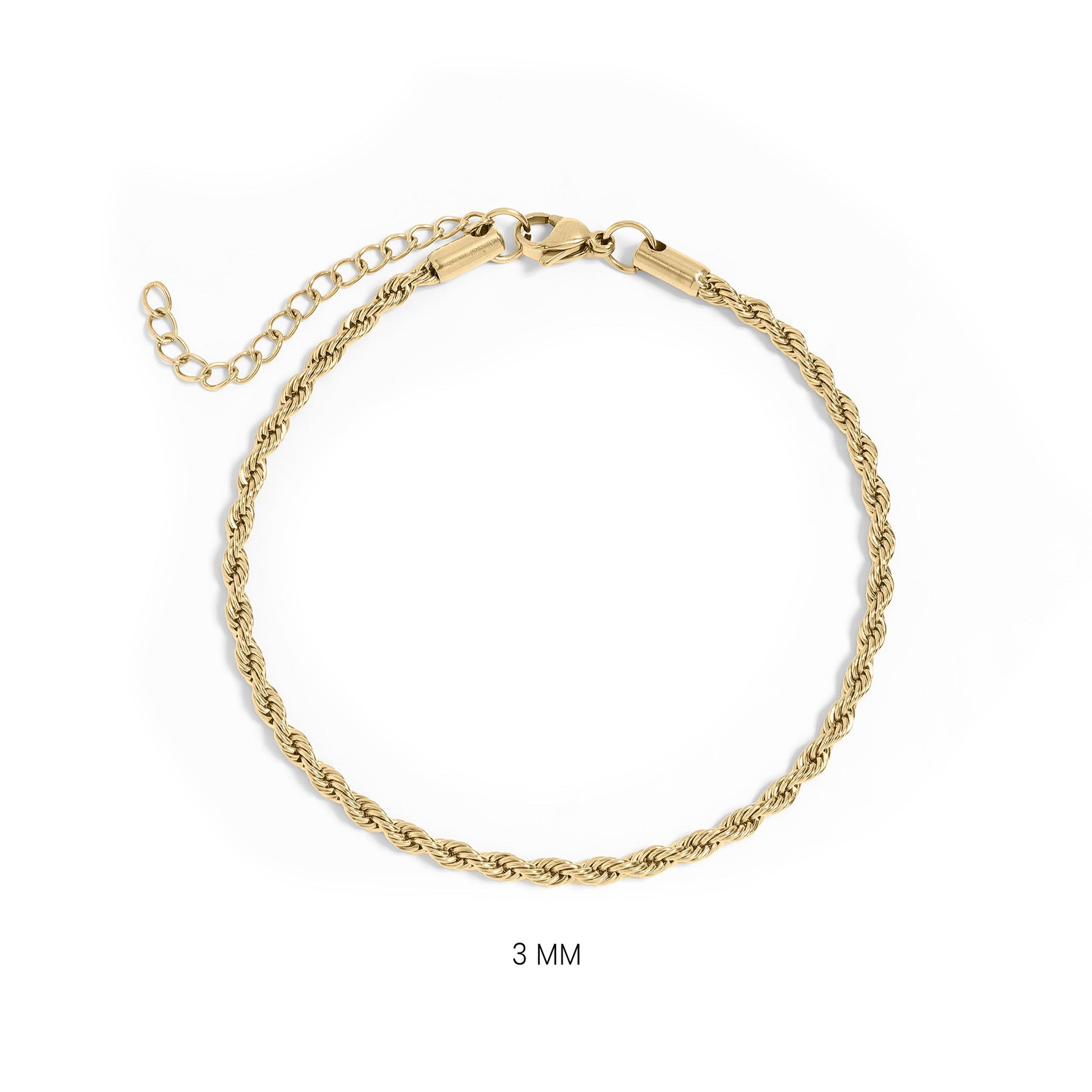 3mm gold rope chain bracelet made of stainless steel, shown on white background with lobster clasp and extender chain