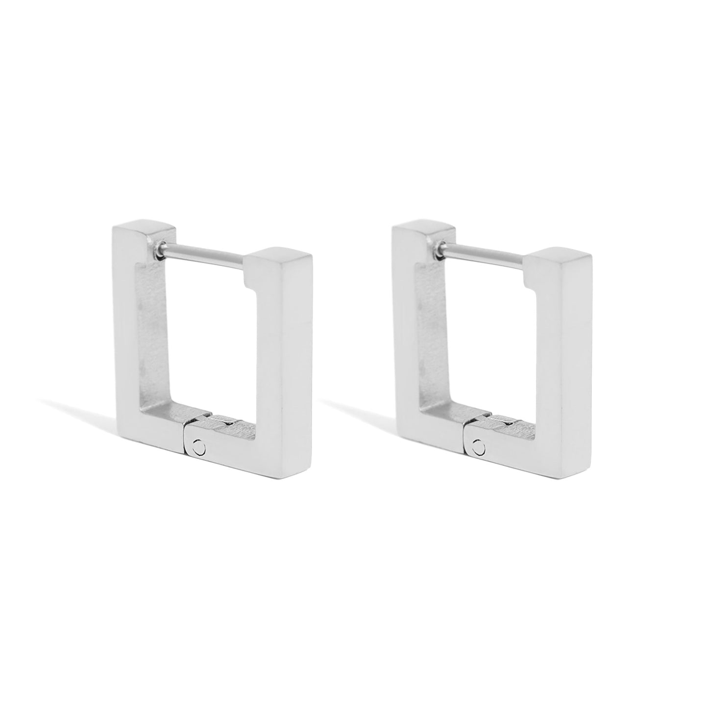 Pair of minimalist silver square hoop earrings with modern design — waterproof, hypoallergenic everyday jewelry.
