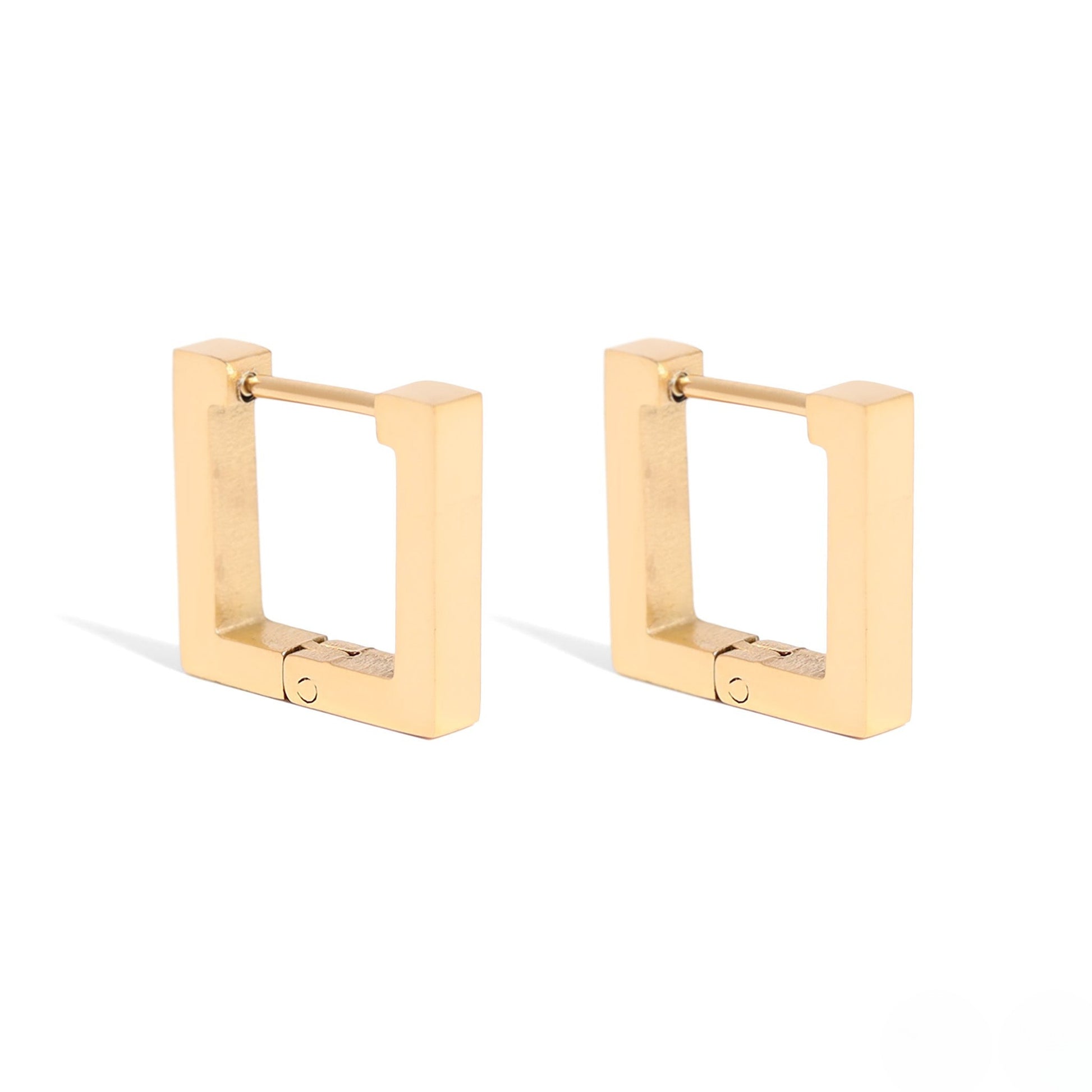Pair of gold square hoop earrings — waterproof, hypoallergenic, and crafted for a modern minimalist look.