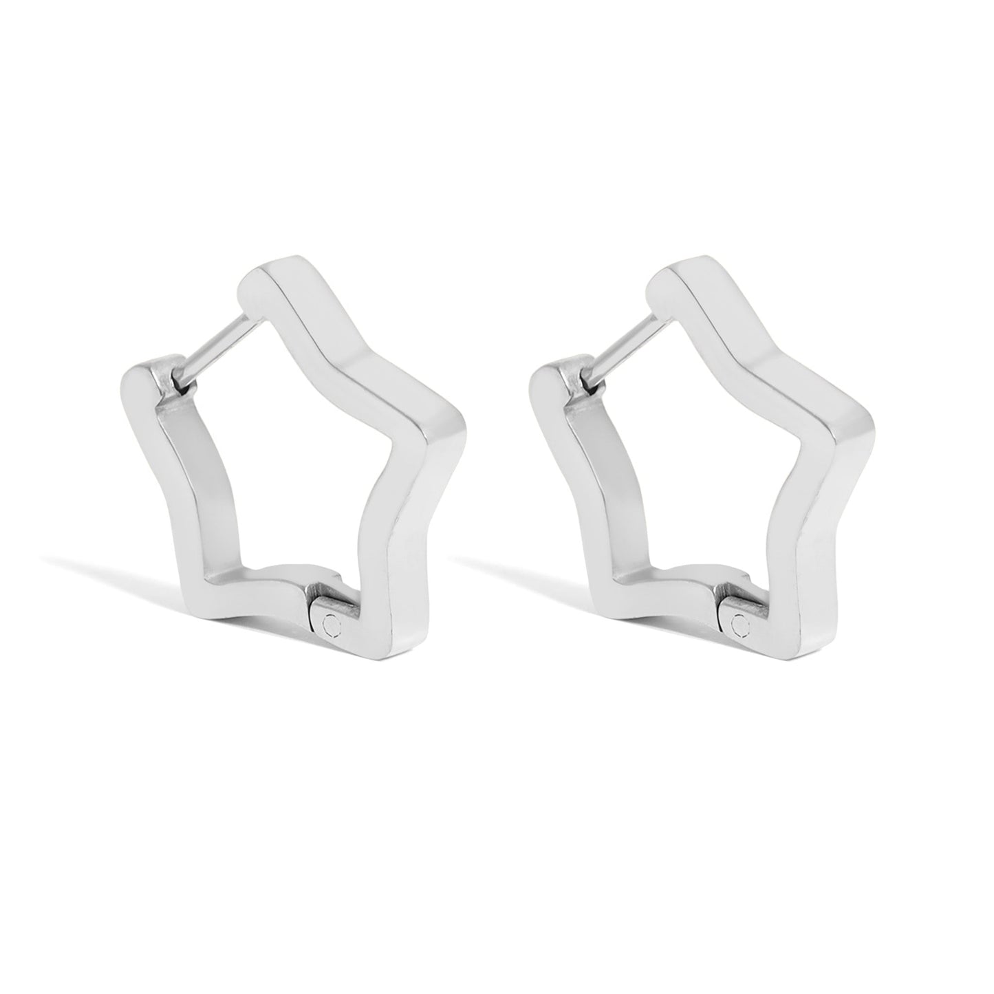 Silver star-shaped huggie hoop earrings crafted with waterproof, hypoallergenic stainless steel; tarnish-resistant and perfect for everyday style.