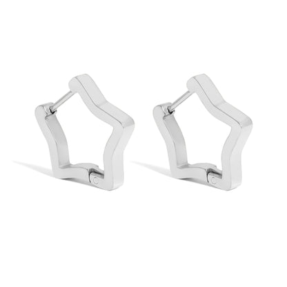 Silver star-shaped huggie hoop earrings crafted with waterproof, hypoallergenic stainless steel; tarnish-resistant and perfect for everyday style.