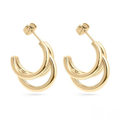 Elegant gold triple layer hoop earrings made with 18k PVD coating — waterproof, tarnish-resistant, and hypoallergenic for sensitive ears