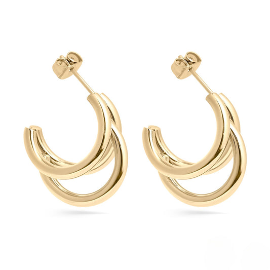 Elegant gold triple layer hoop earrings made with 18k PVD coating — waterproof, tarnish-resistant, and hypoallergenic for sensitive ears