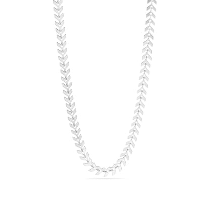 Sleek silver chevron herringbone chain necklace laid flat on a white background, featuring a reflective V-link pattern ideal for a minimalist, elegant jewelry look.