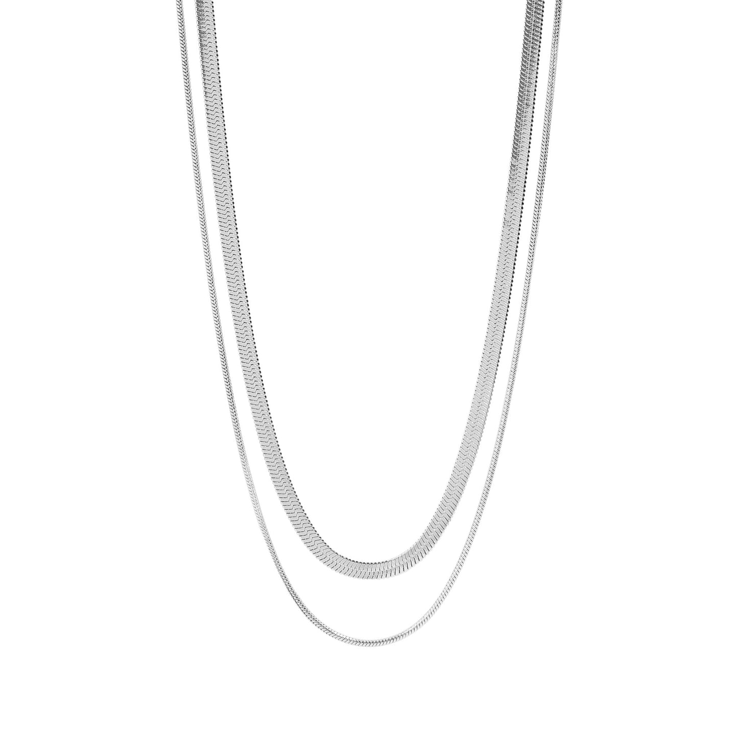 Silver layered herringbone necklace displayed on white background, featuring double stainless steel chains