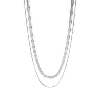 Silver layered herringbone necklace displayed on white background, featuring double stainless steel chains