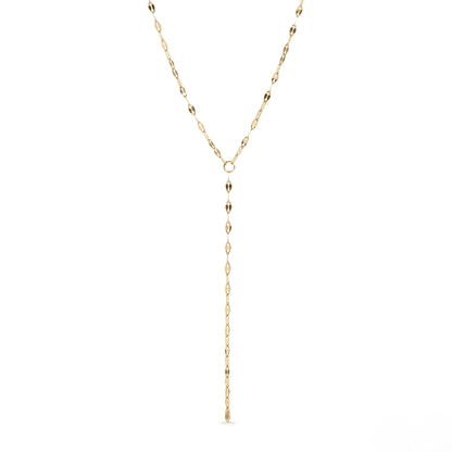 Close-up of a minimalist 18k gold Y-lariat necklace with elongated chain drop – waterproof, tarnish-resistant, and hypoallergenic jewelry from Lauren Riley Jewelry.