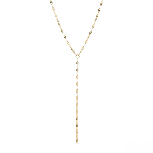 Close-up of a minimalist 18k gold Y-lariat necklace with elongated chain drop – waterproof, tarnish-resistant, and hypoallergenic jewelry from Lauren Riley Jewelry.
