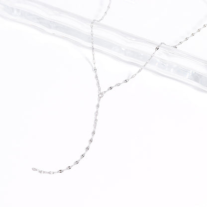 Dainty silver Y-lariat necklace on a white background – waterproof and hypoallergenic stainless steel chain with minimalist design, perfect for layering or everyday wear.