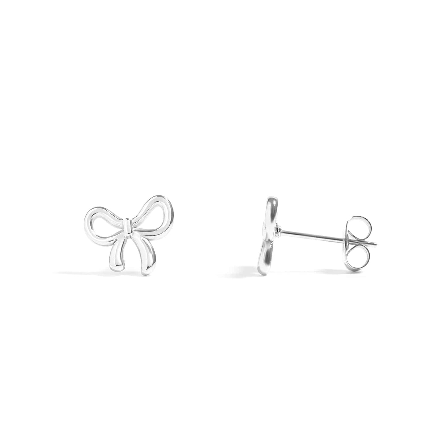 Silver bow stud earrings featuring a dainty, waterproof design with hypoallergenic posts – ideal for sensitive ears and everyday elegance.
