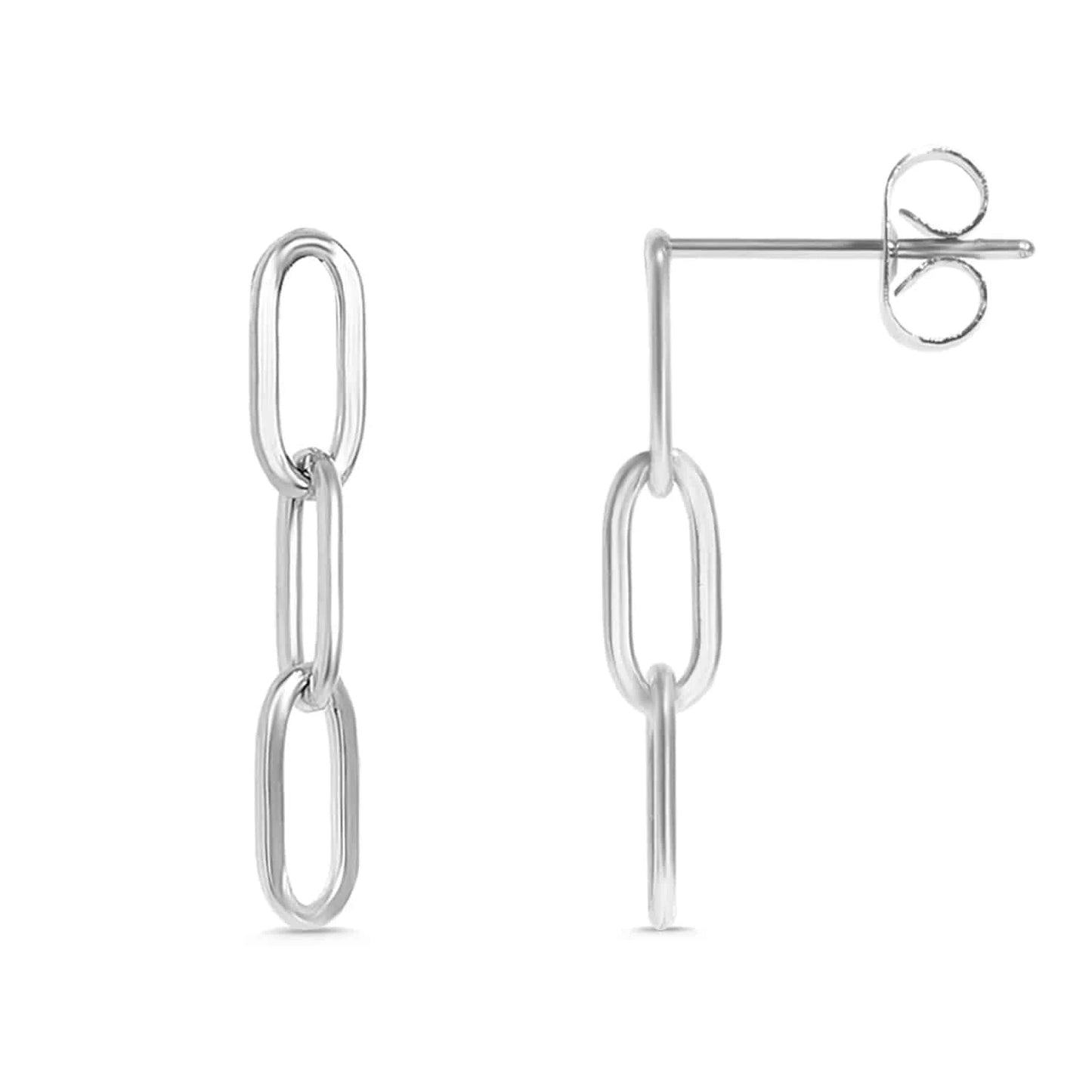 Sleek silver chain link drop earrings with three minimalist oval links, waterproof and hypoallergenic from Lauren Riley Jewelry