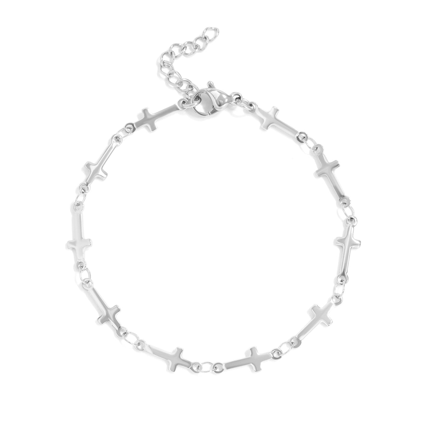 Minimalist silver cross link bracelet with adjustable extender. Waterproof, tarnish-free, and hypoallergenic—ideal for stacking or everyday wear.
