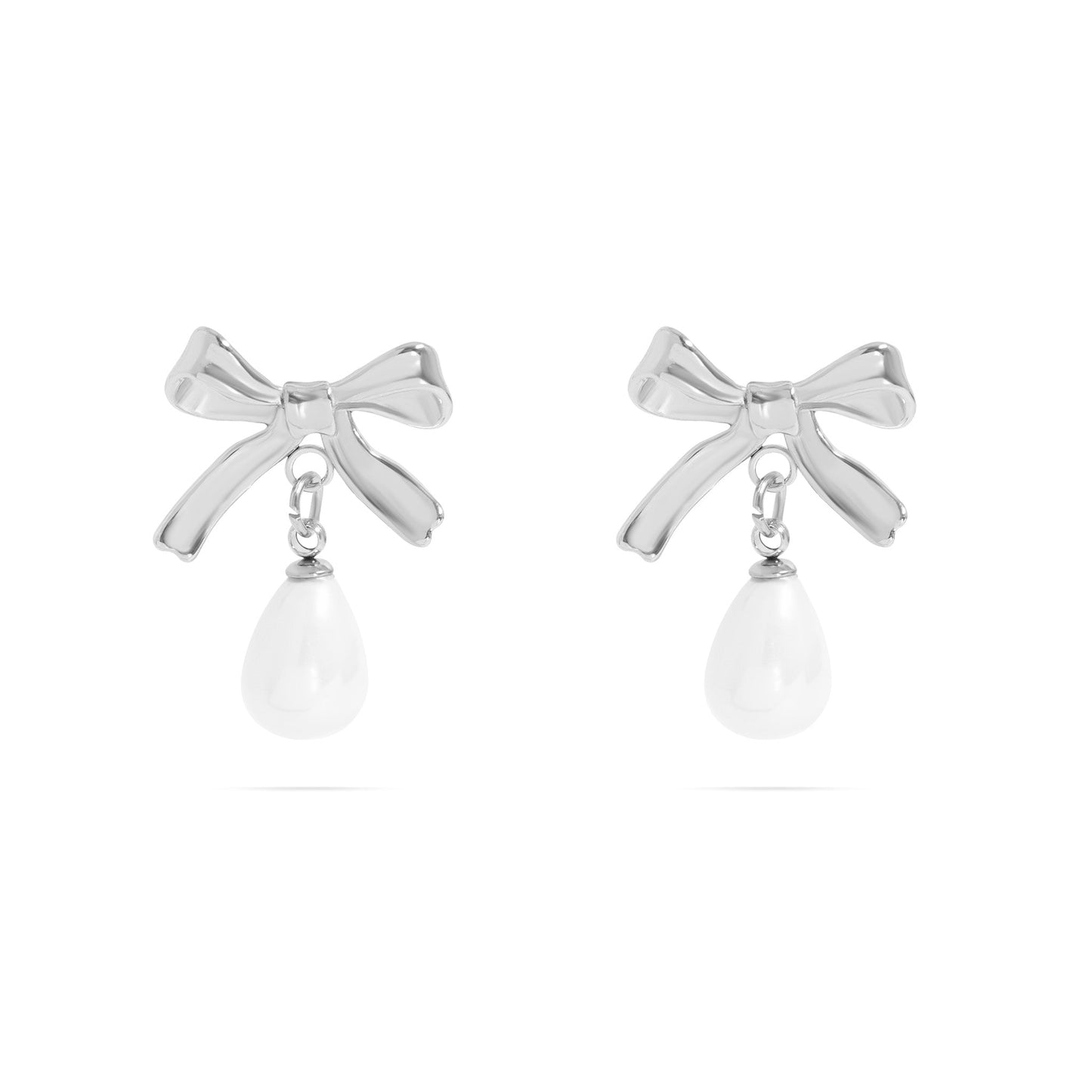 Silver freshwater pearl bow dangle earrings with glossy bow detail and teardrop pearl