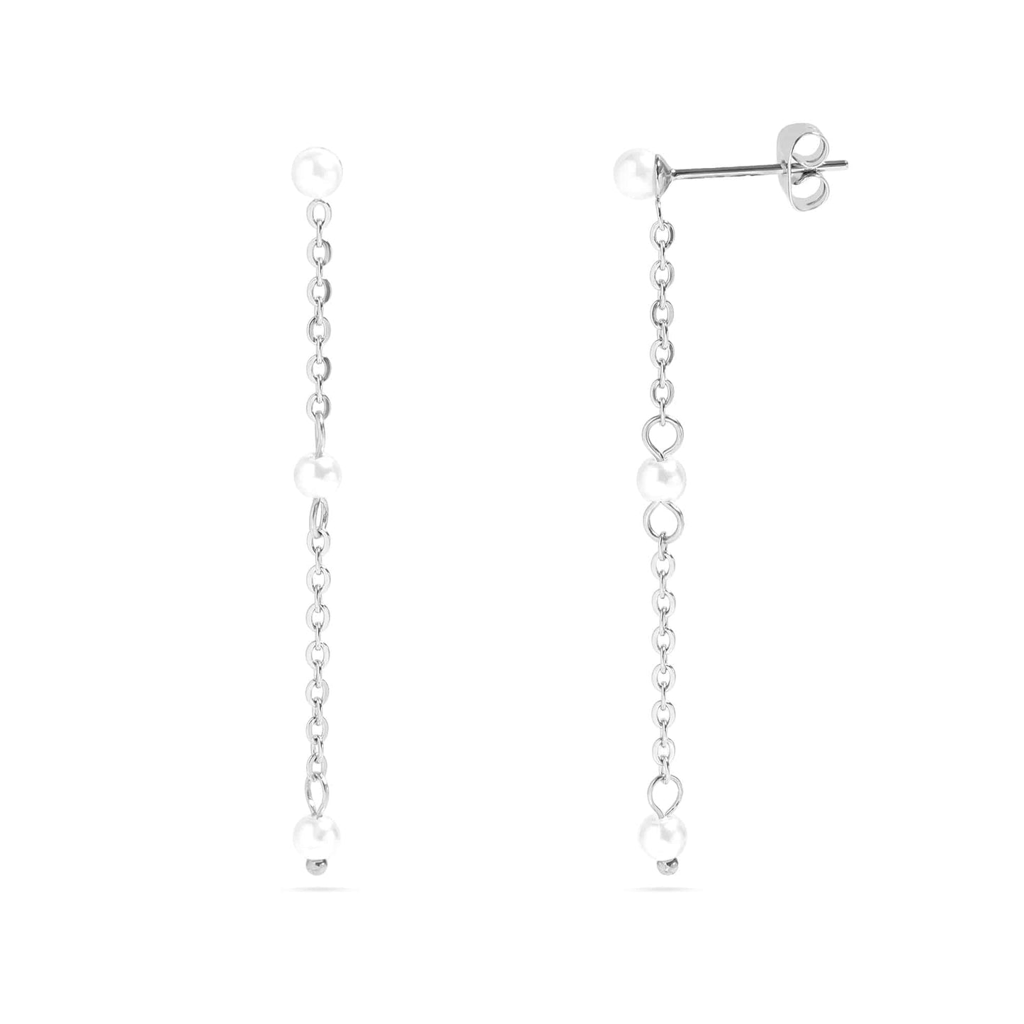 Delicate silver pearl drop earrings featuring a dainty chain design – hypoallergenic, lightweight, and perfect for everyday elegance or special occasions.